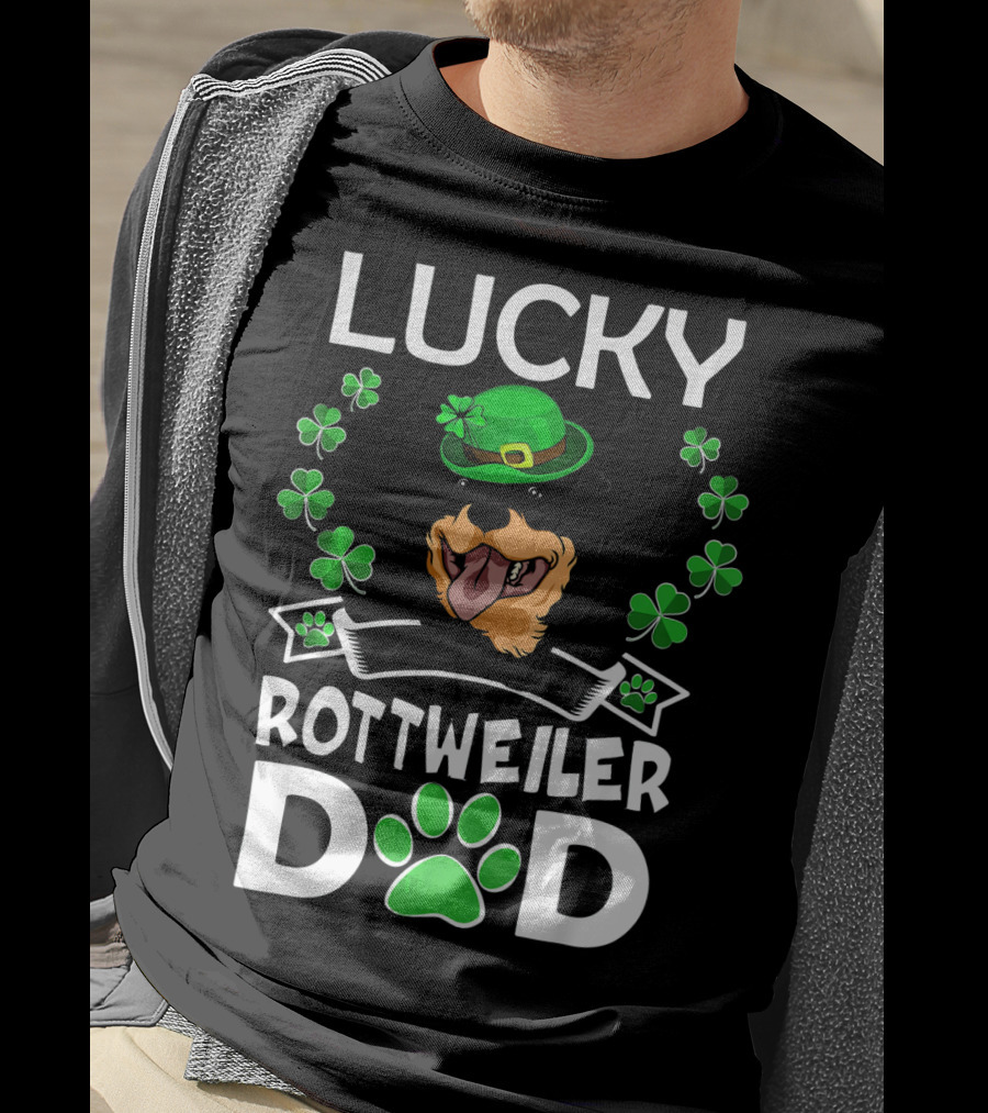 Lucky Rottweiler Dad St Patricks Day Shamrocks And Green Hat T-Shirt