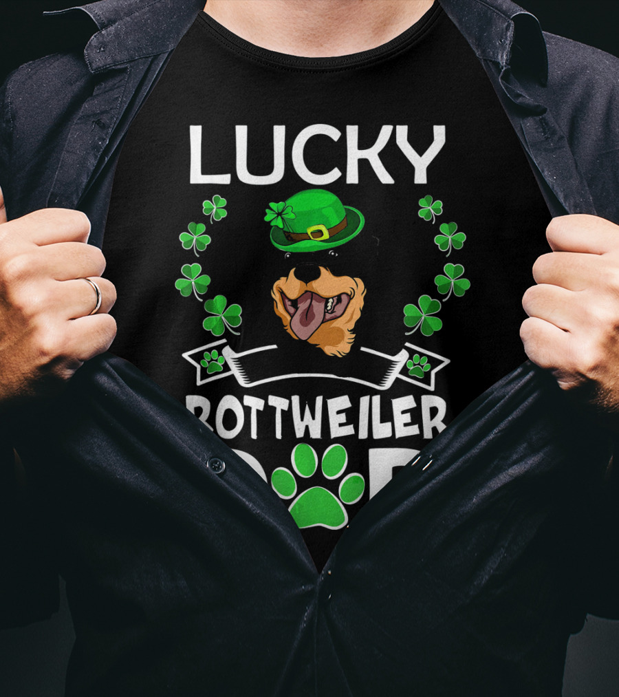 Lucky Rottweiler Dad St Patricks Day Shamrocks And Green Hat T-Shirt