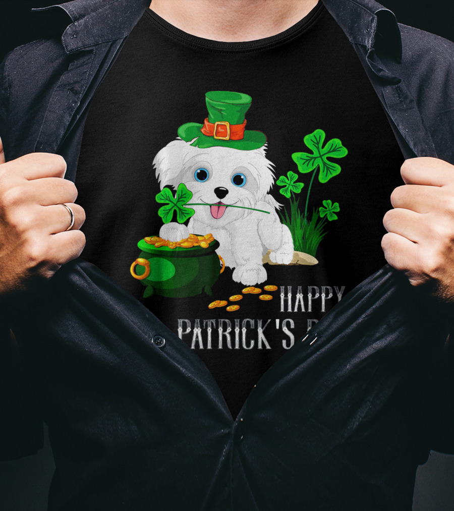 Happy St. Patrick's Day Maltese Dog With Shamrocks And Pot Of Gold T-Shirt