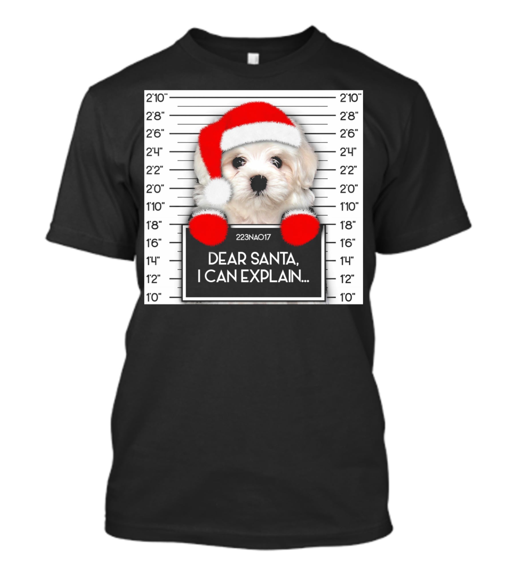Maltese Dog Santa Hat Funny Xmas Mugshot Dear Santa I Can Explain T-Shirt