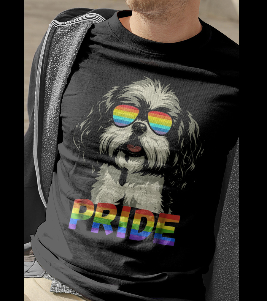 Pride Shih Tzu With Gay Pride Flag Sunglasses For Dog Lovers T-Shirt