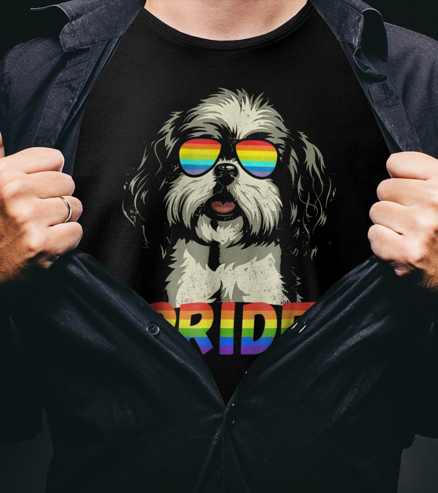 Pride Shih Tzu With Gay Pride Flag Sunglasses For Dog Lovers T-Shirt
