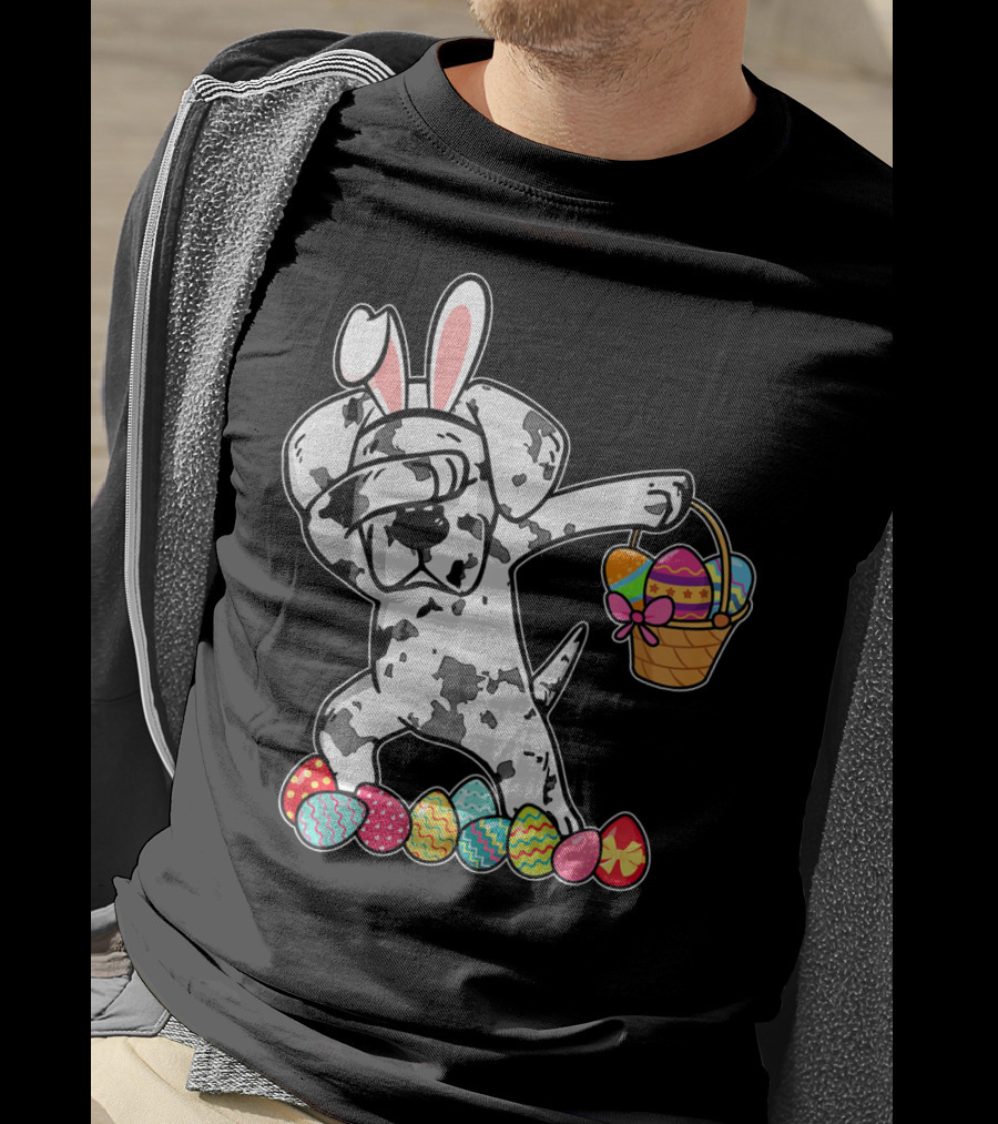 Great Dane Dabbing Easter Bunny With Egg Basket And Colorful Hunting Eggs T-Shirt