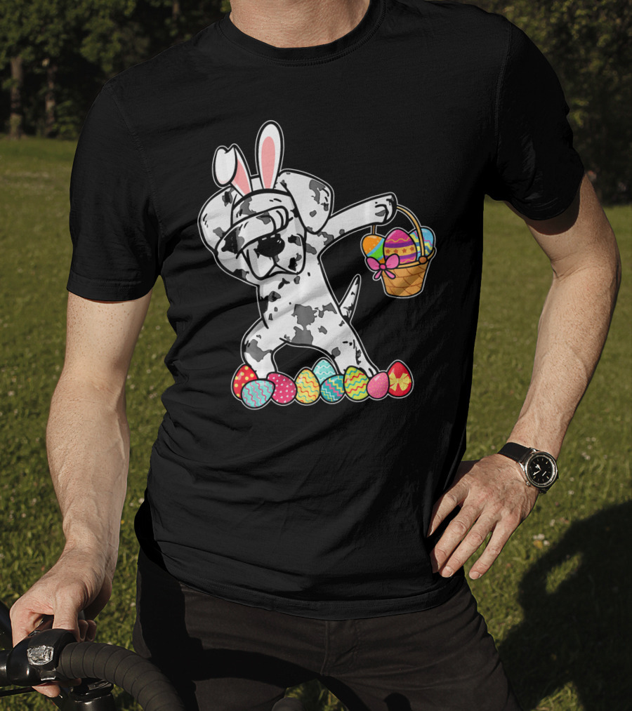 Great Dane Dabbing Easter Bunny With Egg Basket And Colorful Hunting Eggs T-Shirt