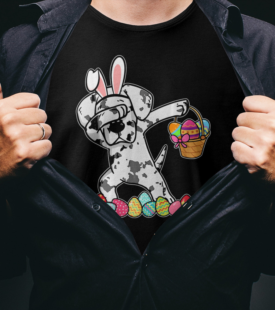 Great Dane Dabbing Easter Bunny With Egg Basket And Colorful Hunting Eggs T-Shirt