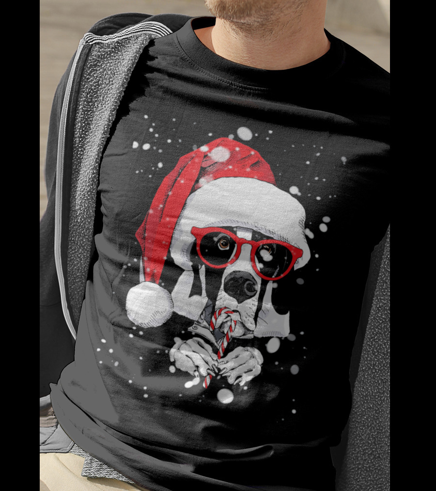 Great Dane Licking Candy Cane With Santa Xmas Hat And Red Glasses Snowflakes T-Shirt