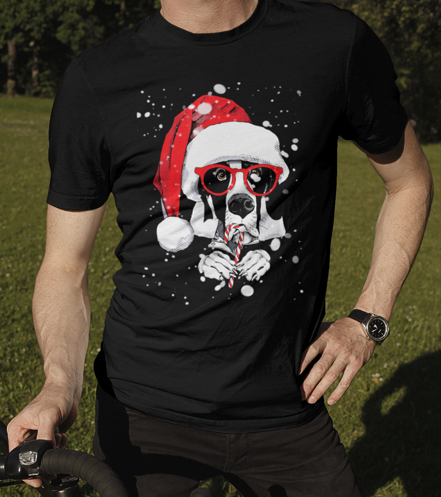 Great Dane Licking Candy Cane With Santa Xmas Hat And Red Glasses Snowflakes T-Shirt