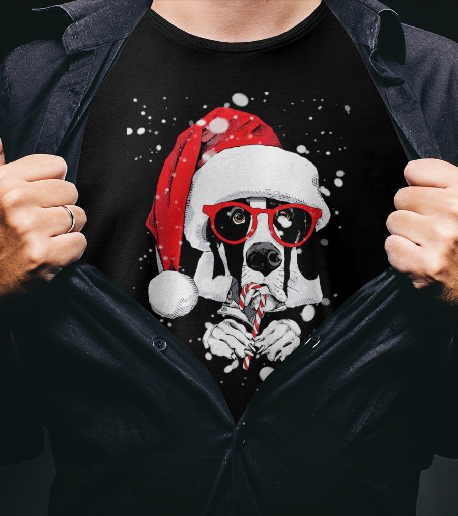 Great Dane Licking Candy Cane With Santa Xmas Hat And Red Glasses Snowflakes T-Shirt