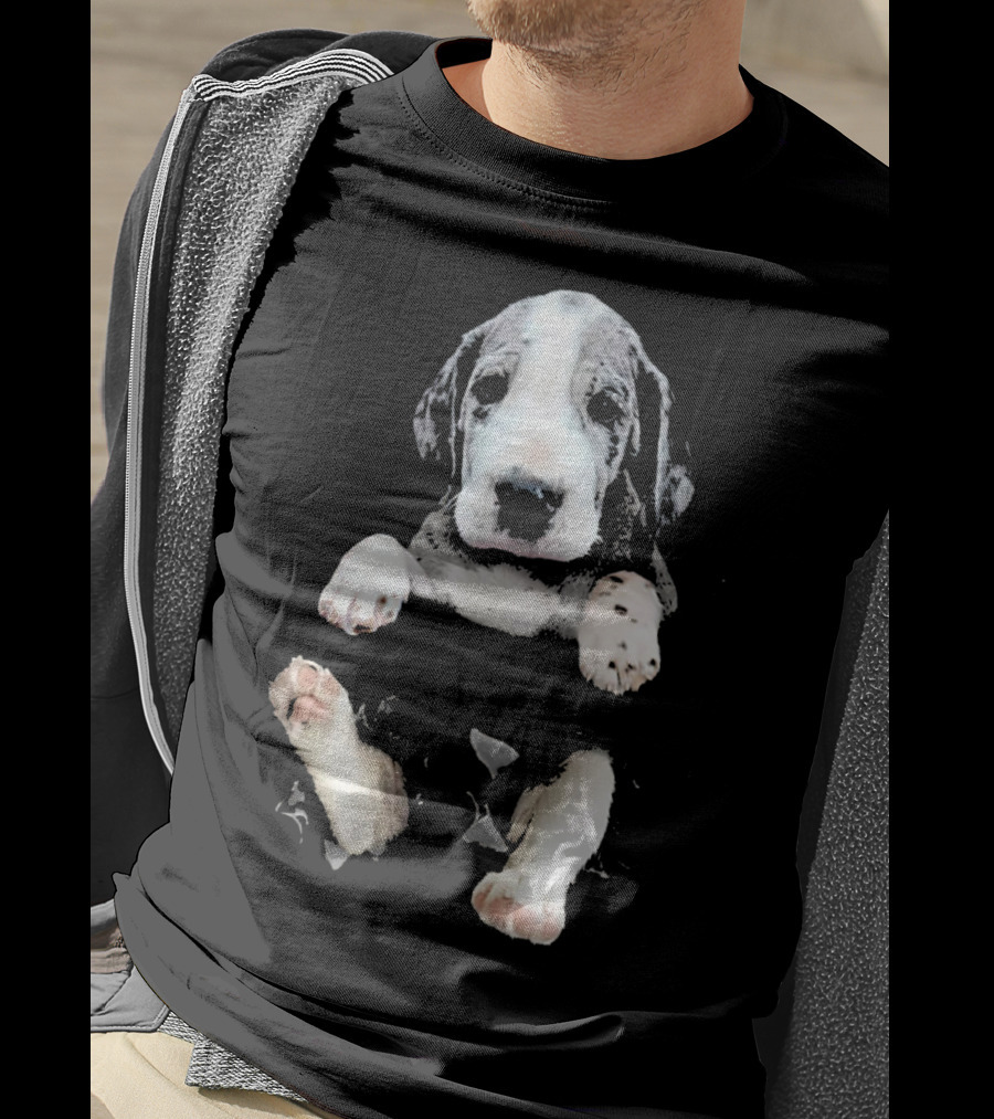 Great Dane Puppy Peeking Out Of Pocket T-Shirt