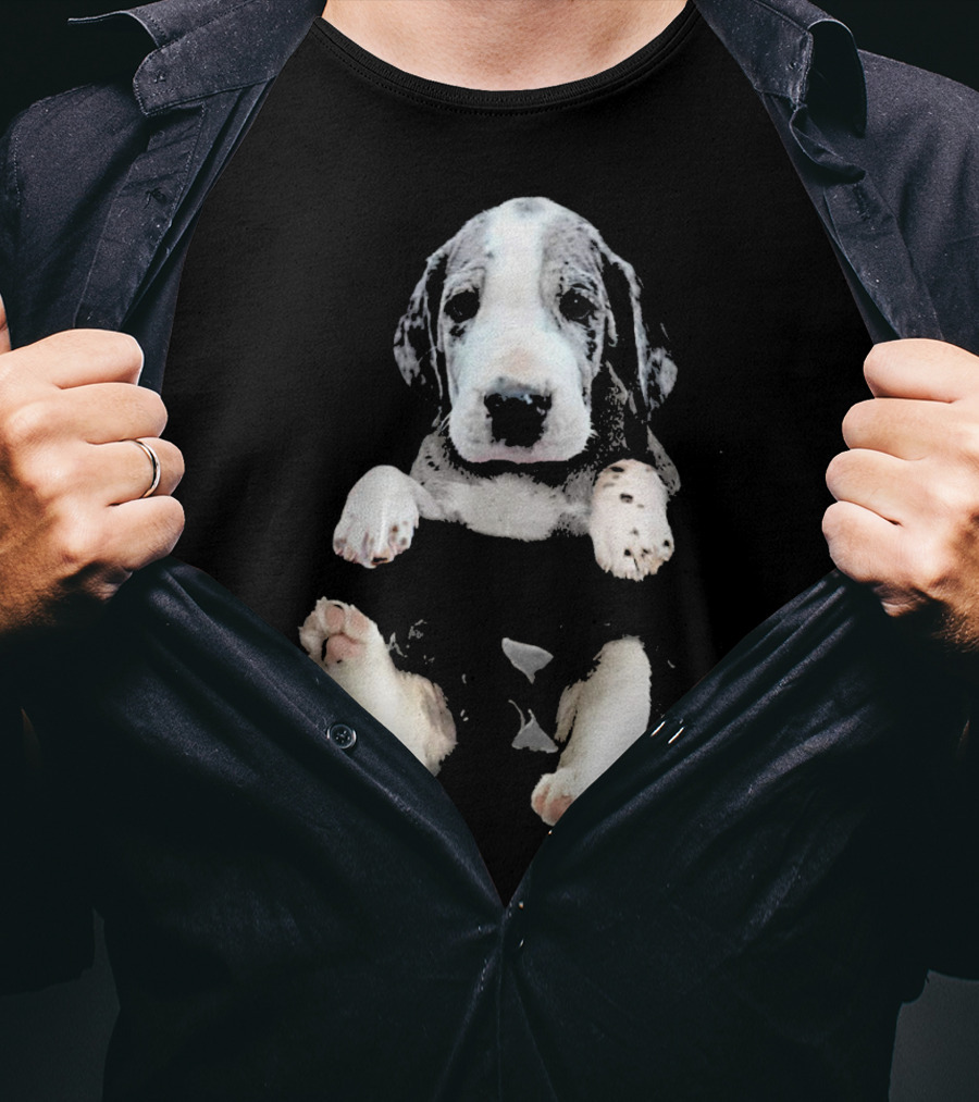 Great Dane Puppy Peeking Out Of Pocket T-Shirt
