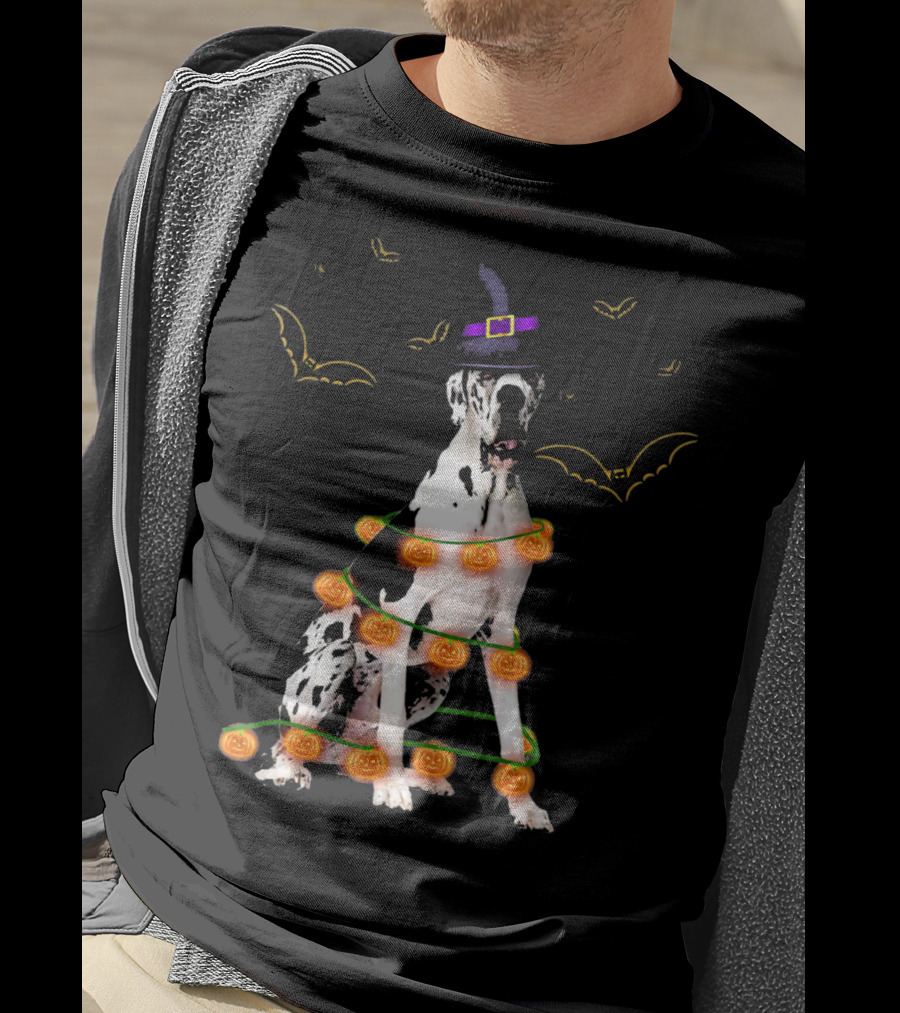 Great Dane Witch Hat Pumpkin Lights Bats Halloween Kids Funny T-Shirt