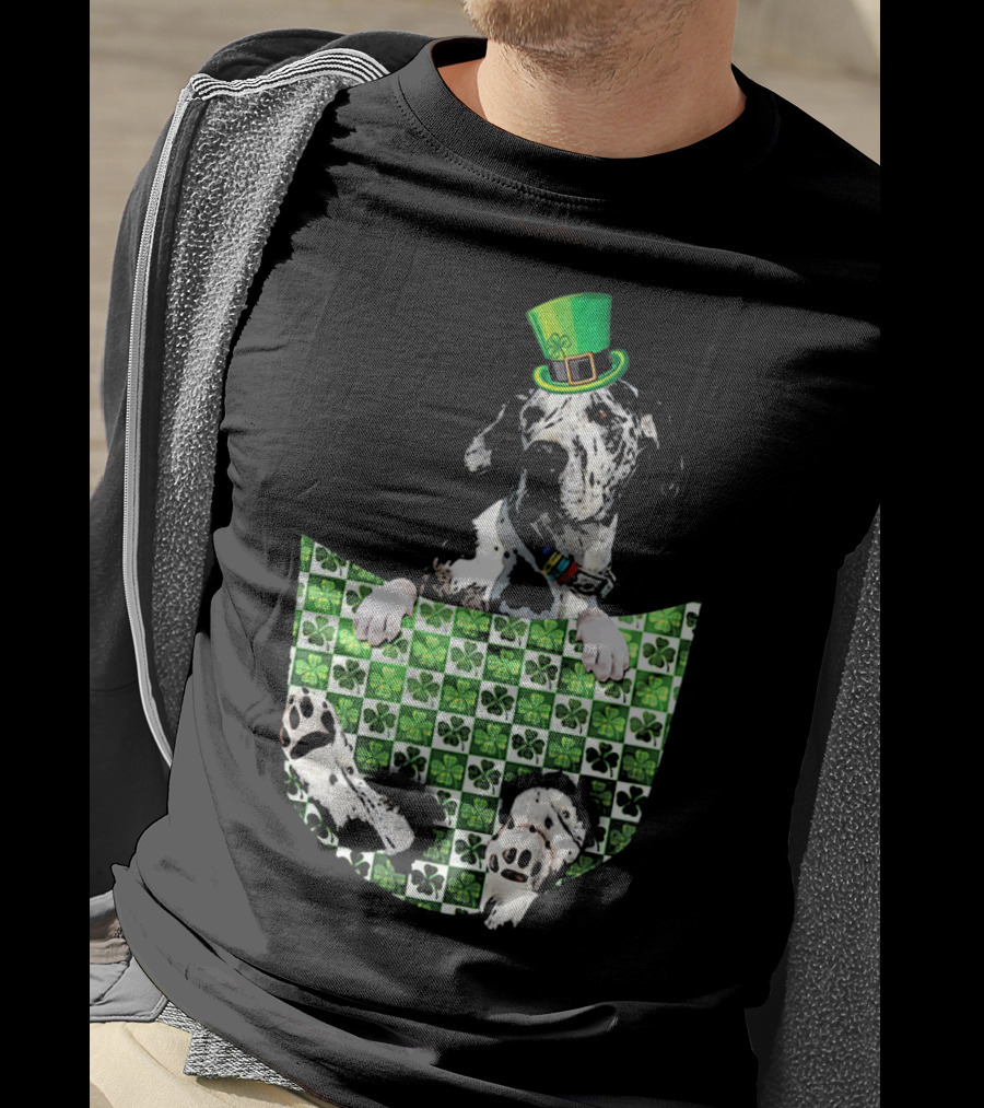 Great Dane In Pocket With Green Shamrock Patrick Hat T-Shirt