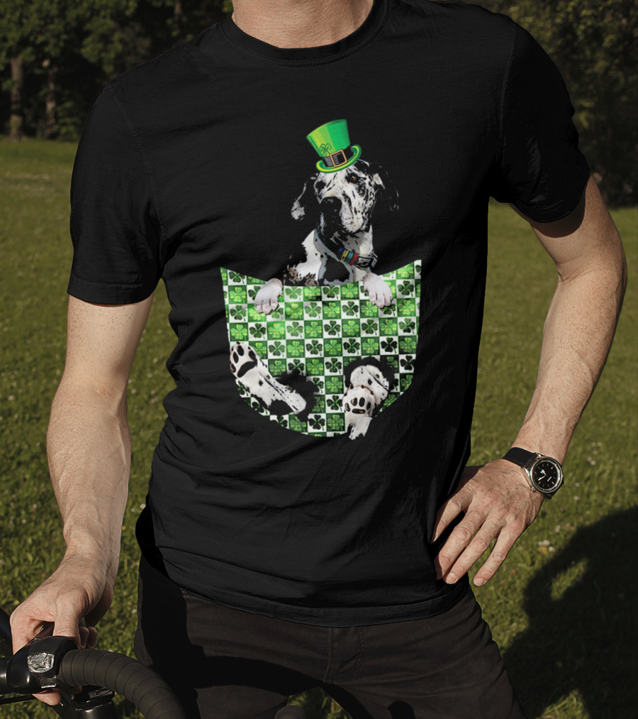 Great Dane In Pocket With Green Shamrock Patrick Hat T-Shirt