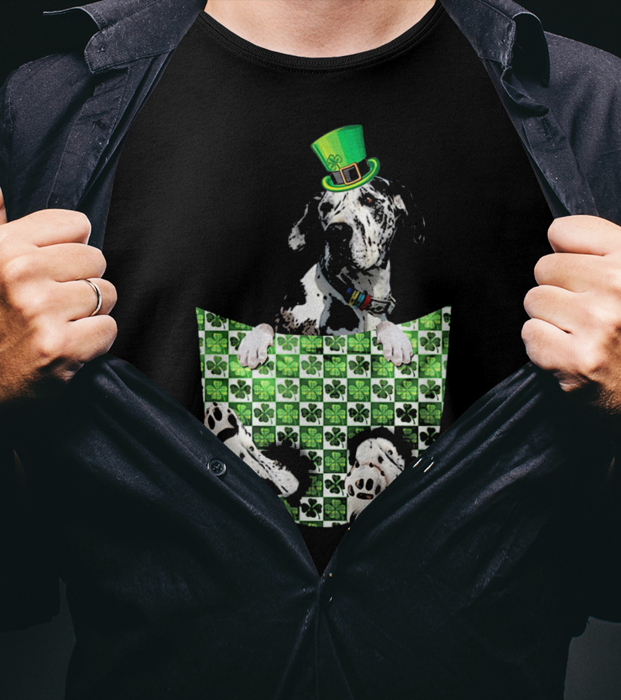 Great Dane In Pocket With Green Shamrock Patrick Hat T-Shirt