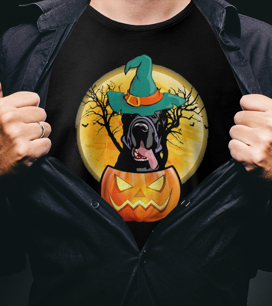 Great Dane Halloween Pumpkin Witch Hat Spooky Scene T-Shirt