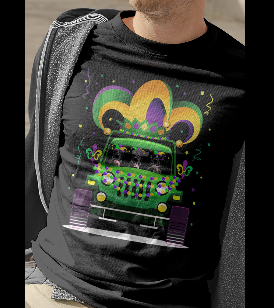 Great Dane Trio In Jeep With Mardi Gras Beads And Hat T-Shirt
