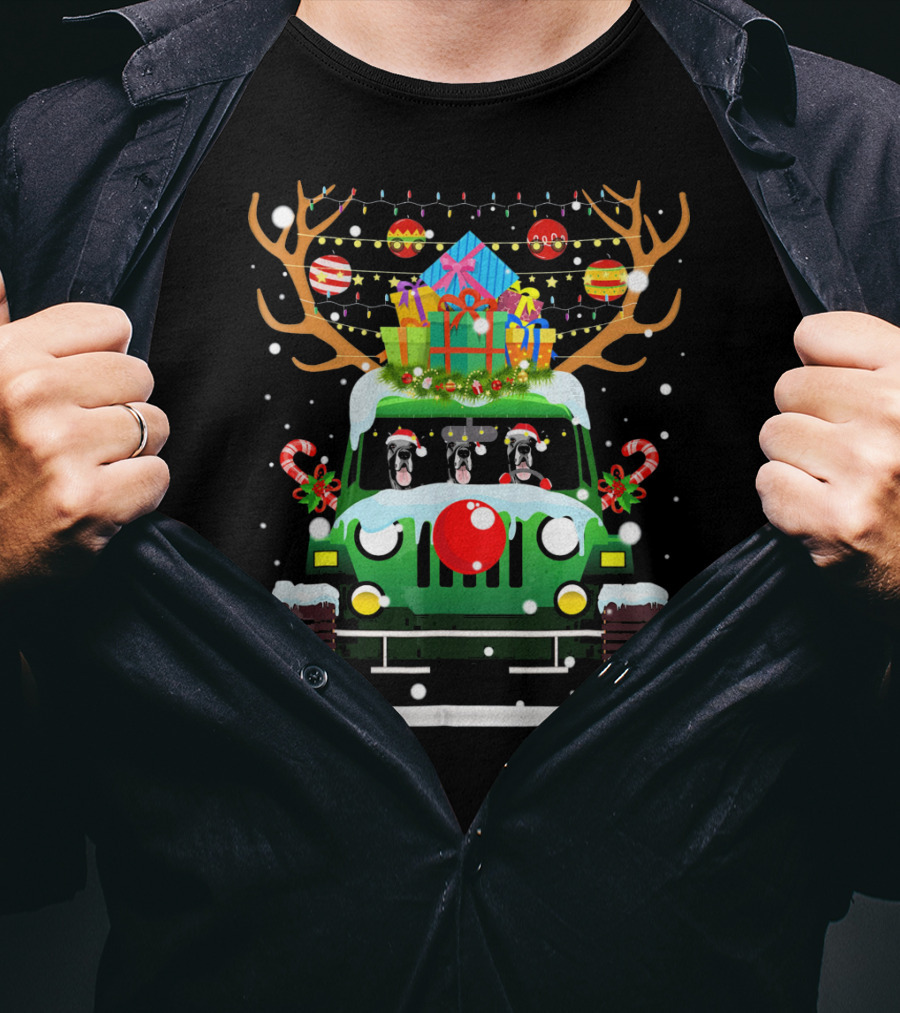 Great Dane Santa Hat Jeep Christmas Reindeer Gift Decorations T-Shirt
