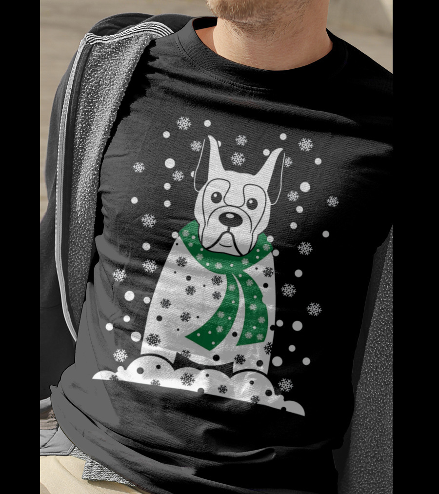 Great Dane Snowman With Green Scarf And Falling Snowflakes T-Shirt