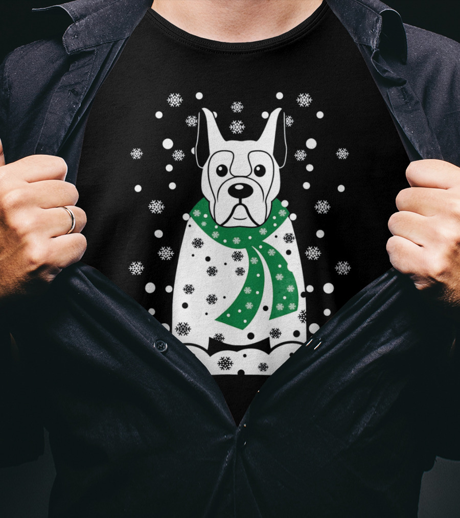 Great Dane Snowman With Green Scarf And Falling Snowflakes T-Shirt