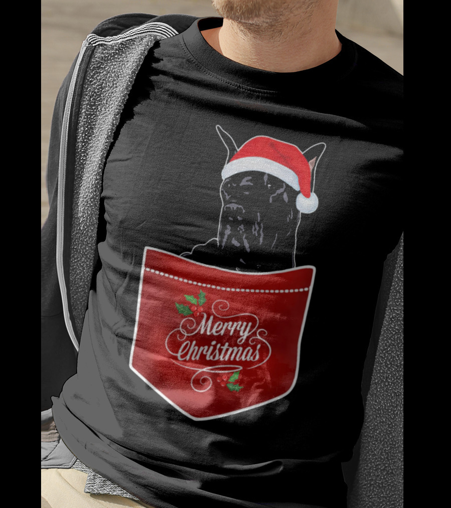 Great Dane In Santa Hat With Merry Christmas Pocket T-Shirt