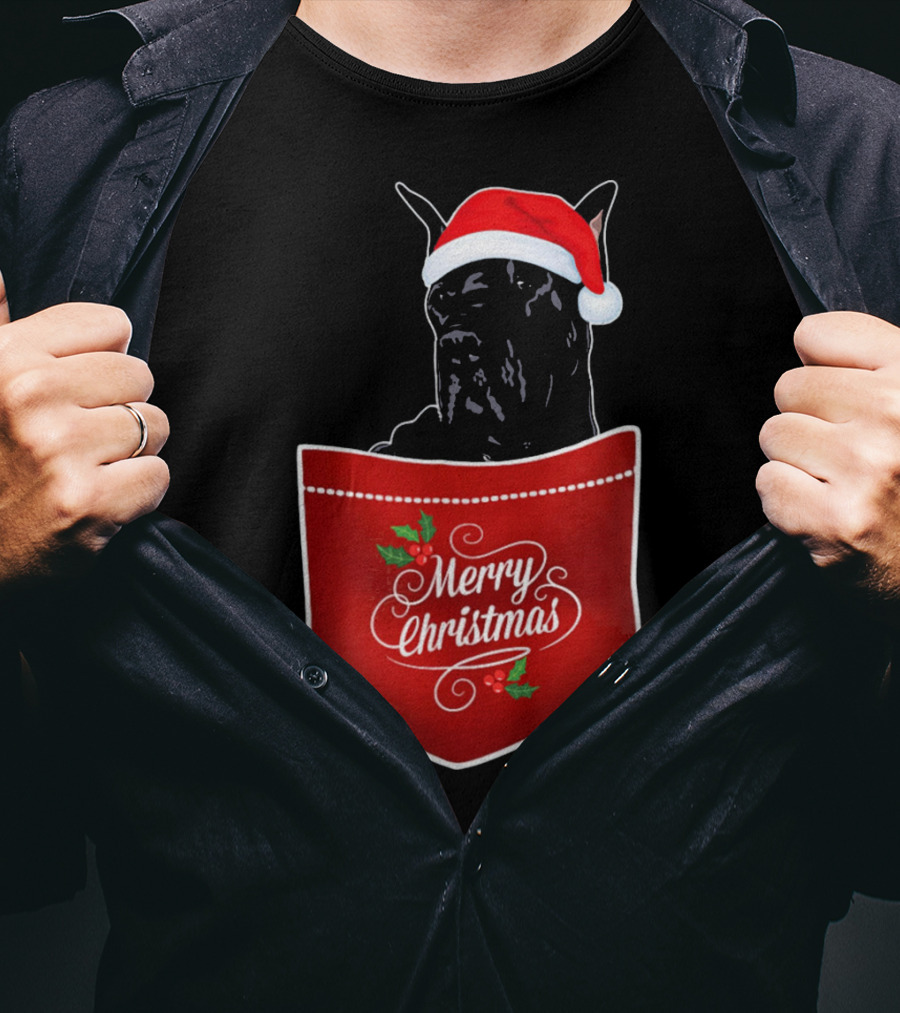 Great Dane In Santa Hat With Merry Christmas Pocket T-Shirt