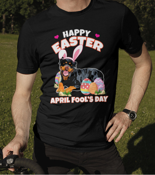 Happy Easter April Fool's Day Funny Rottweiler With Bunny Ears And Colorful Eggs T-Shirt