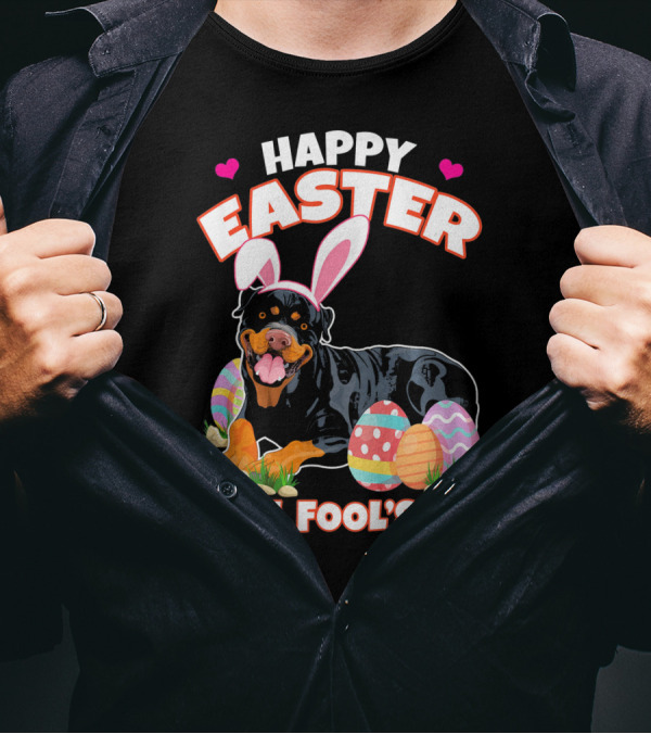 Happy Easter April Fool's Day Funny Rottweiler With Bunny Ears And Colorful Eggs T-Shirt
