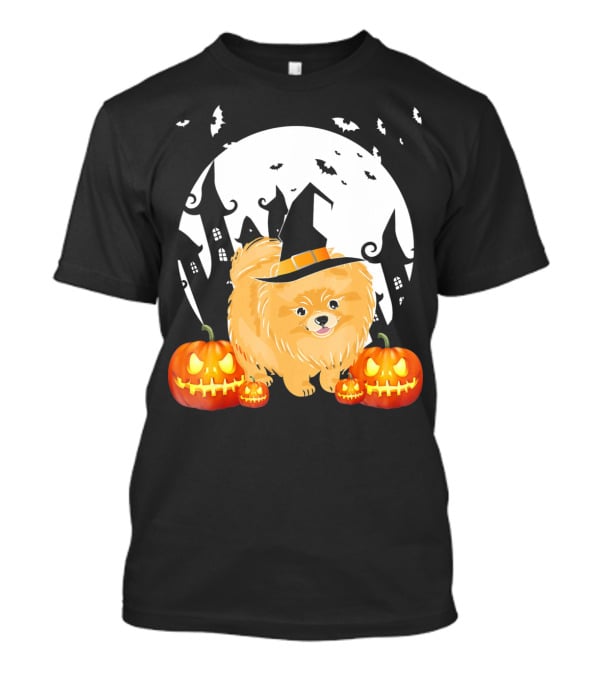 Happy Halloween Little Witch Pomeranian Dog With Pumpkins And Haunted House T-Shirt