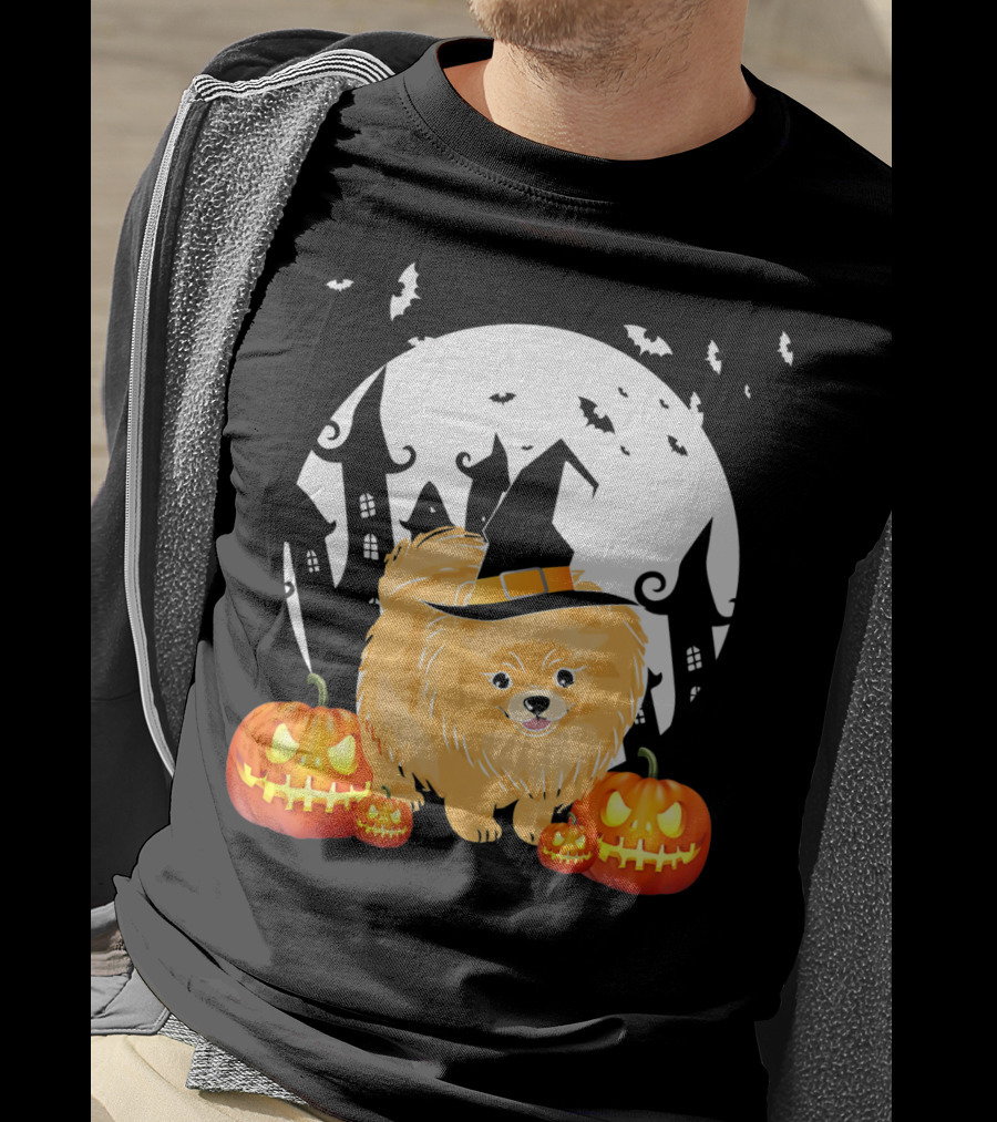 Happy Halloween Little Witch Pomeranian Dog With Pumpkins And Haunted House T-Shirt