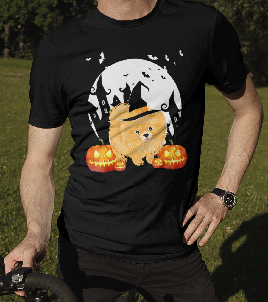 Happy Halloween Little Witch Pomeranian Dog With Pumpkins And Haunted House T-Shirt