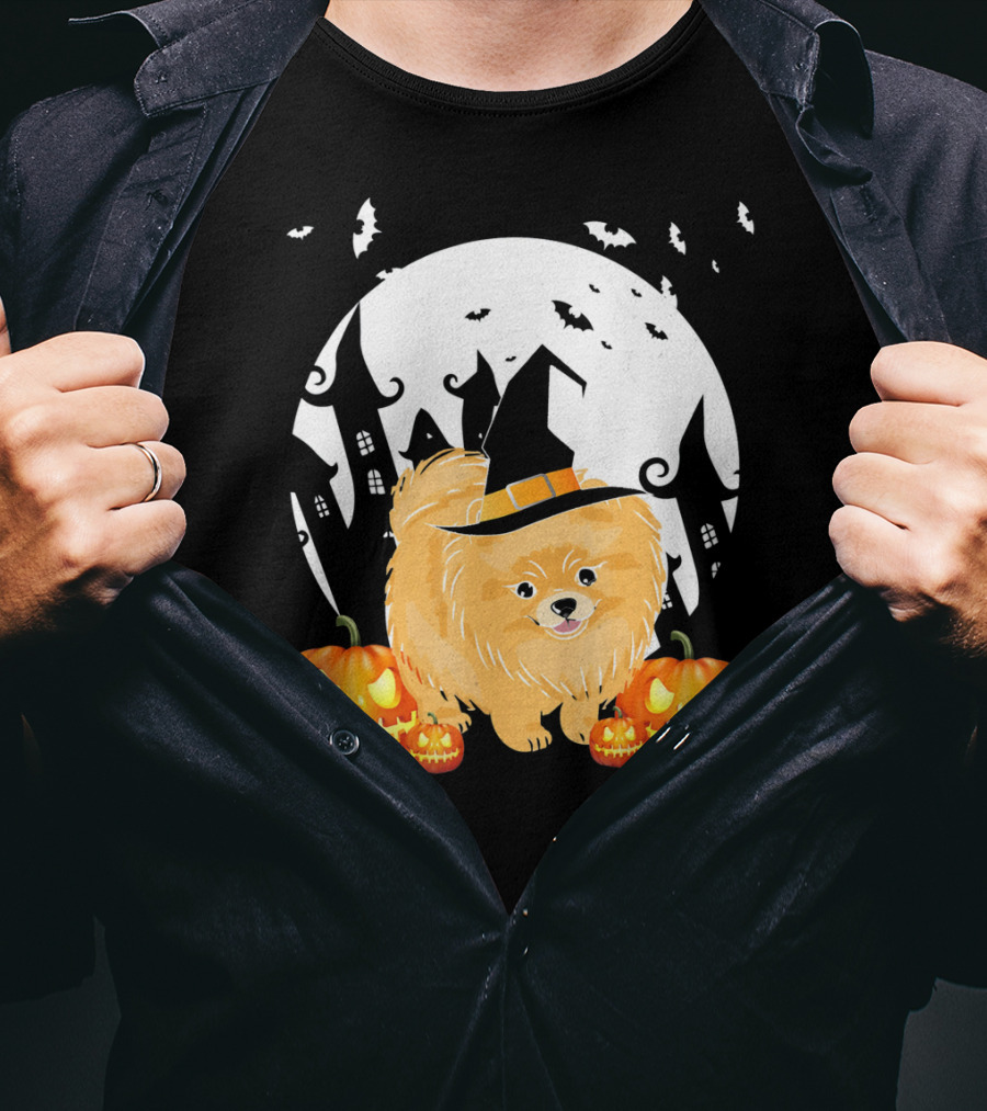 Happy Halloween Little Witch Pomeranian Dog With Pumpkins And Haunted House T-Shirt