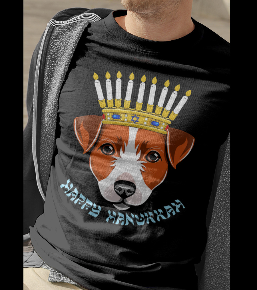 Happy Hanukkah Jack Russell Menorah Hat Candle T-Shirt
