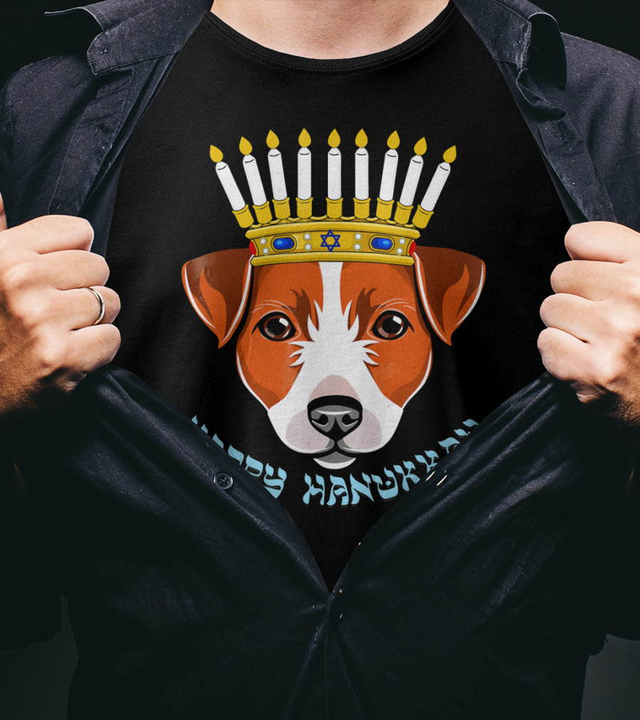 Happy Hanukkah Jack Russell Menorah Hat Candle T-Shirt
