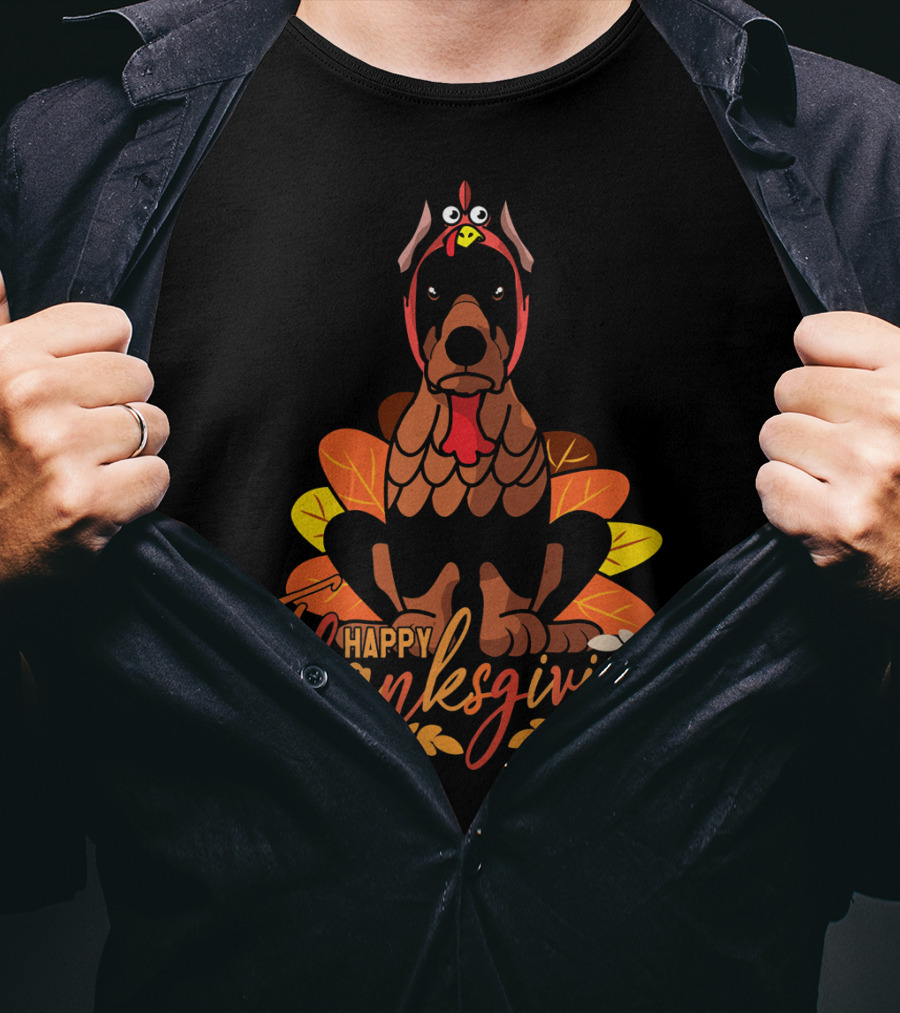 Happy Thanksgiving Doberman Pinscher Turkey Autumn Leaves T-Shirt