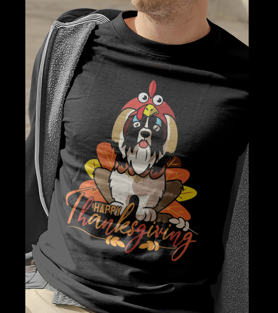 Happy Thanksgiving Shih Tzu In Turkey Costume With Leaves T-Shirt