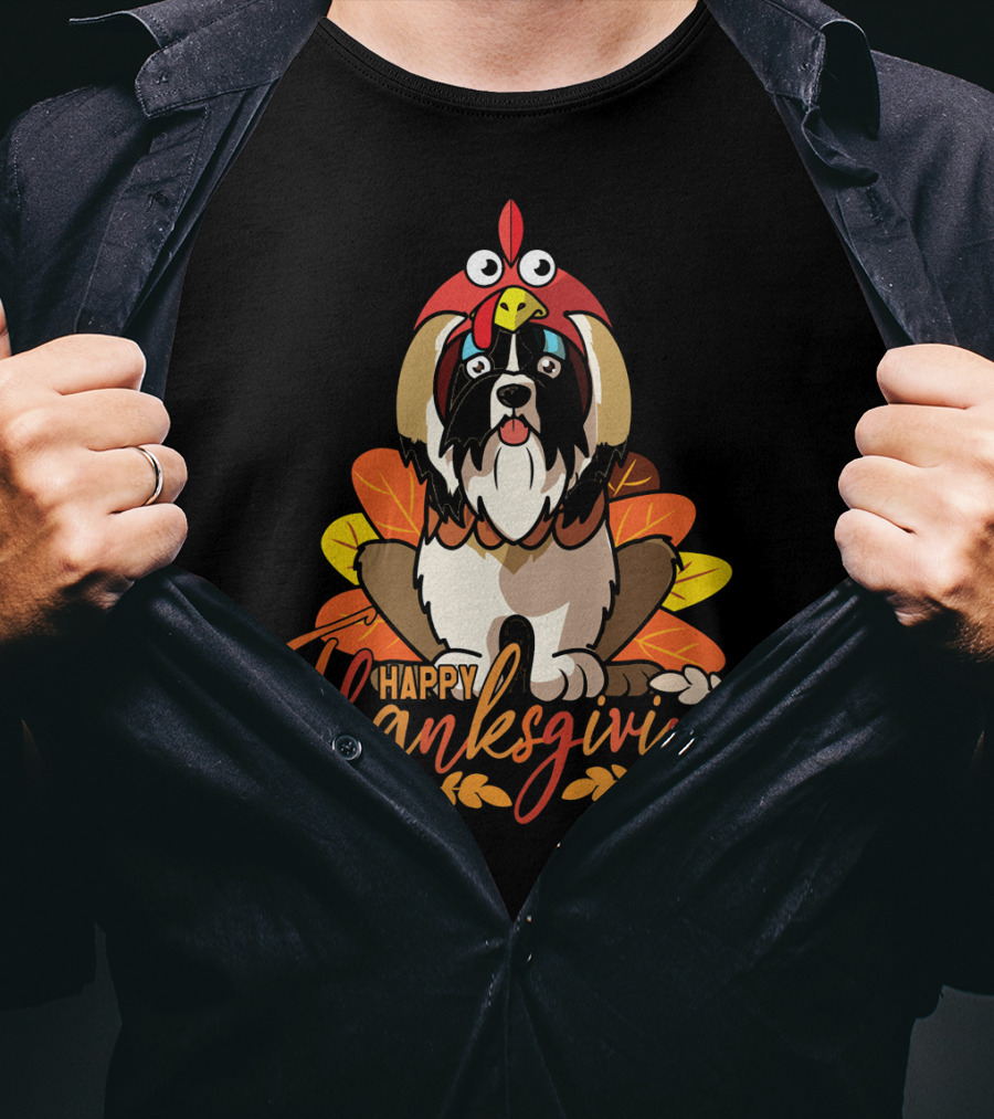 Happy Thanksgiving Shih Tzu In Turkey Costume With Leaves T-Shirt
