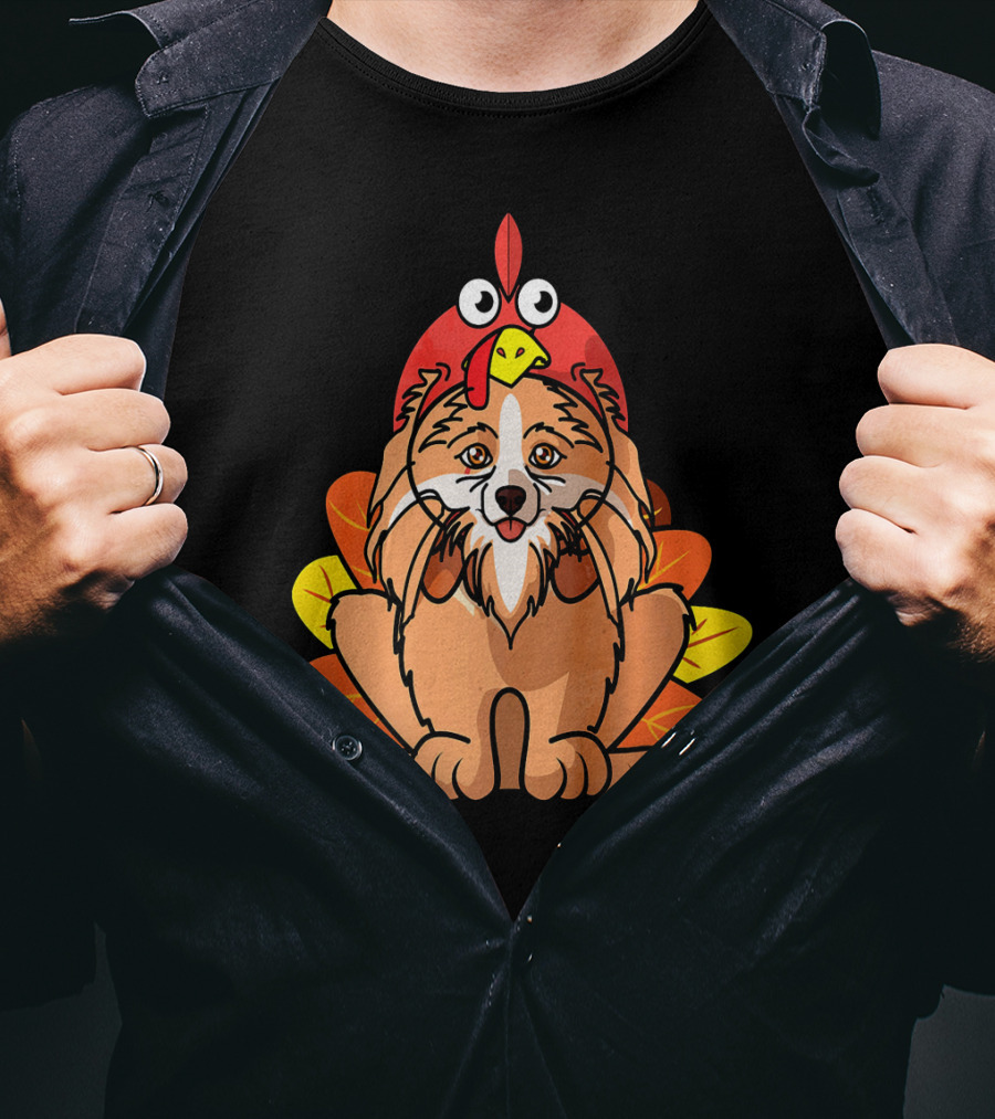 Happy Thanksgiving Pomeranian Turkey Dog With Colorful Feathers T-Shirt