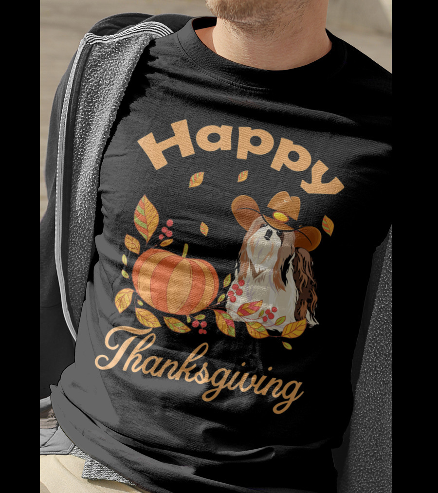 Happy Thanksgiving Shih Tzu Cowboy Pumpkin Leaves T-Shirt