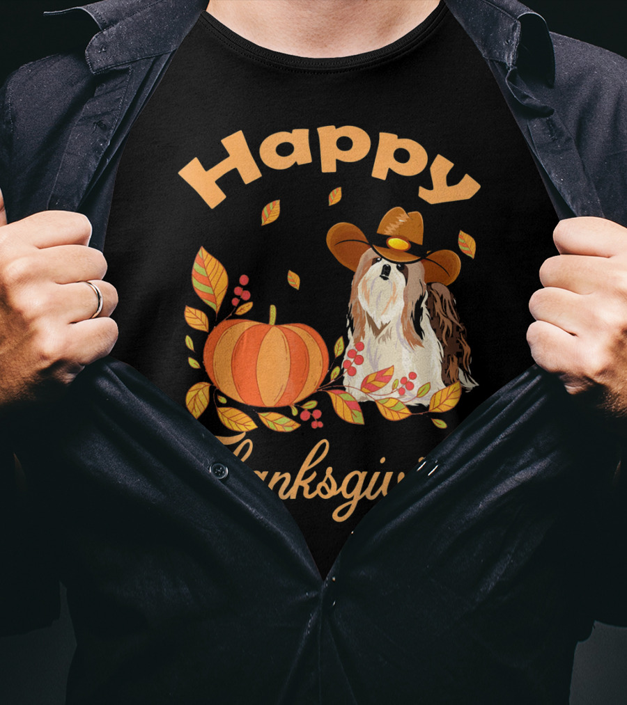 Happy Thanksgiving Shih Tzu Cowboy Pumpkin Leaves T-Shirt