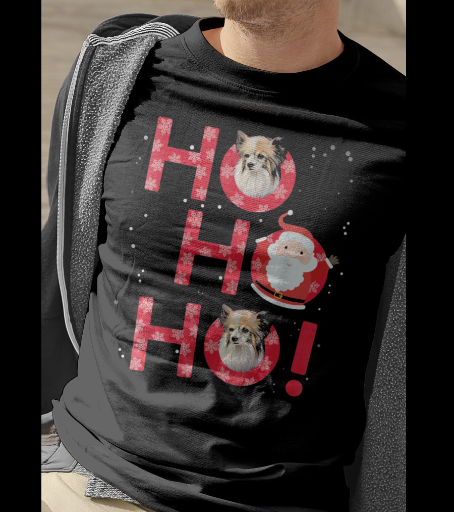 Ho Ho Ho Papillon Dog Santa's Laugh With Snowflakes T-Shirt