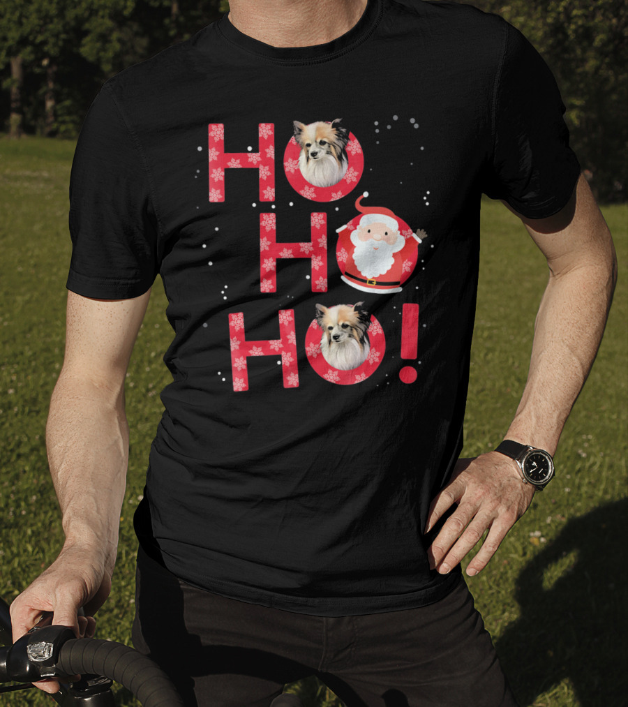 Ho Ho Ho Papillon Dog Santa's Laugh With Snowflakes T-Shirt