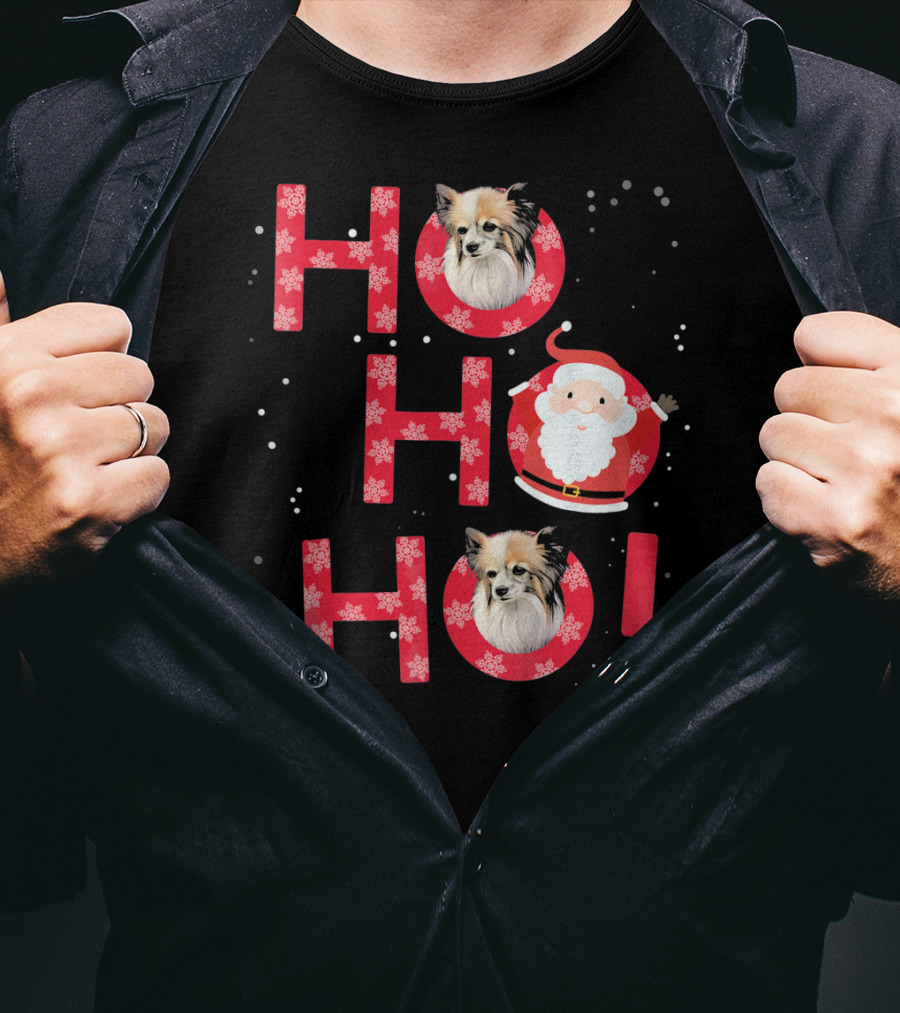 Ho Ho Ho Papillon Dog Santa's Laugh With Snowflakes T-Shirt
