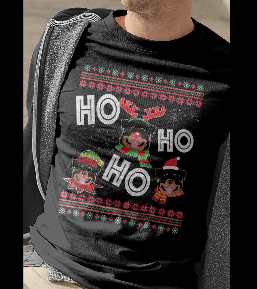 HO HO HO Rottweiler Christmas Reindeer Funny Dog T-Shirt