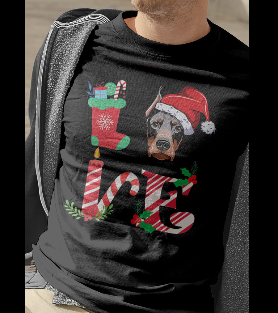 I Love My Doberman Lovers Owners Christmas Santa Hat Stocking Candle T-Shirt