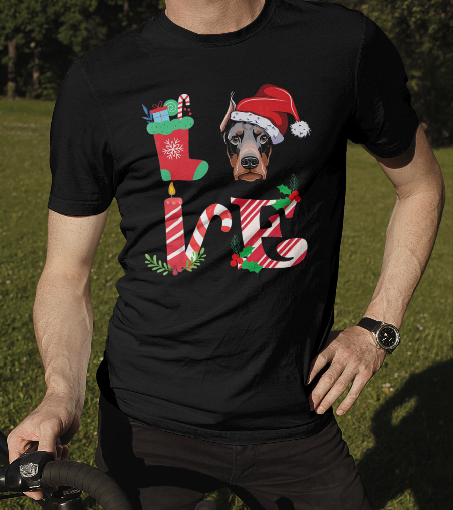 I Love My Doberman Lovers Owners Christmas Santa Hat Stocking Candle T-Shirt