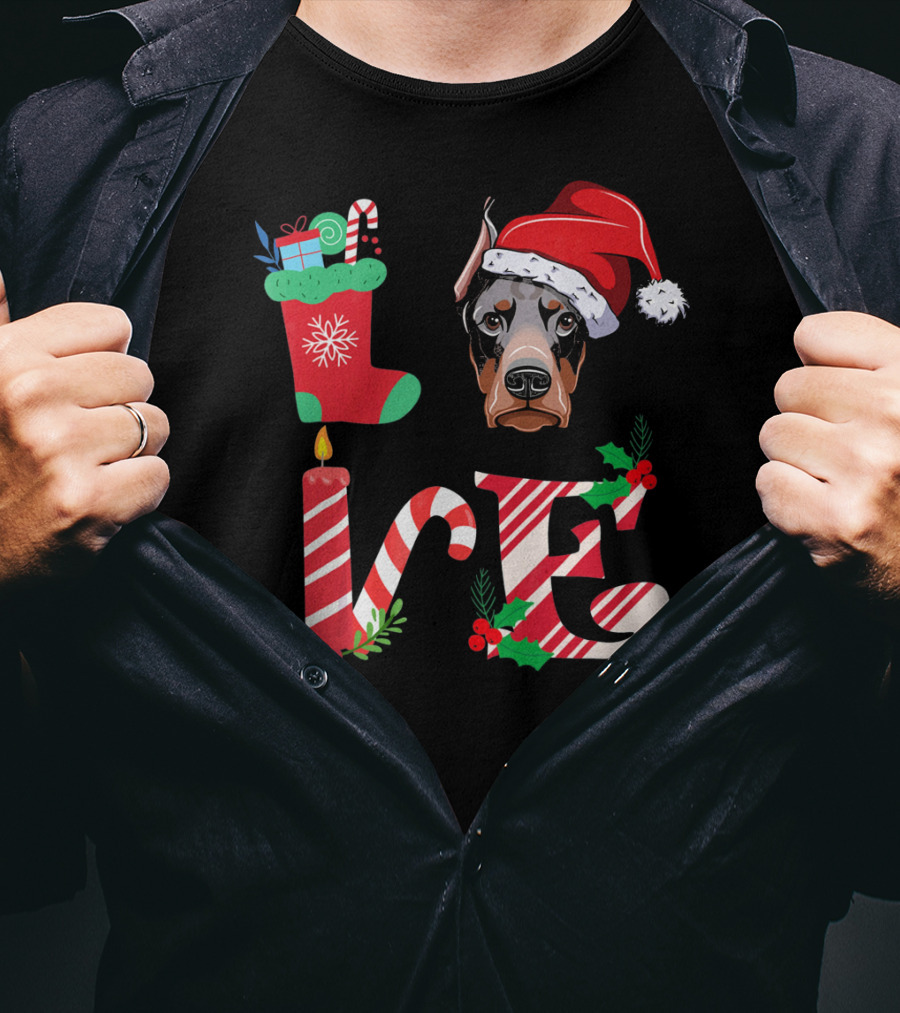I Love My Doberman Lovers Owners Christmas Santa Hat Stocking Candle T-Shirt