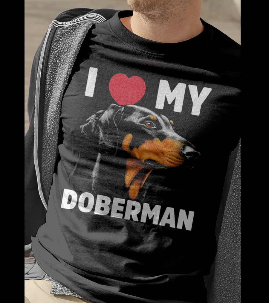I Love My Doberman Heart Black Background Realistic T-Shirt