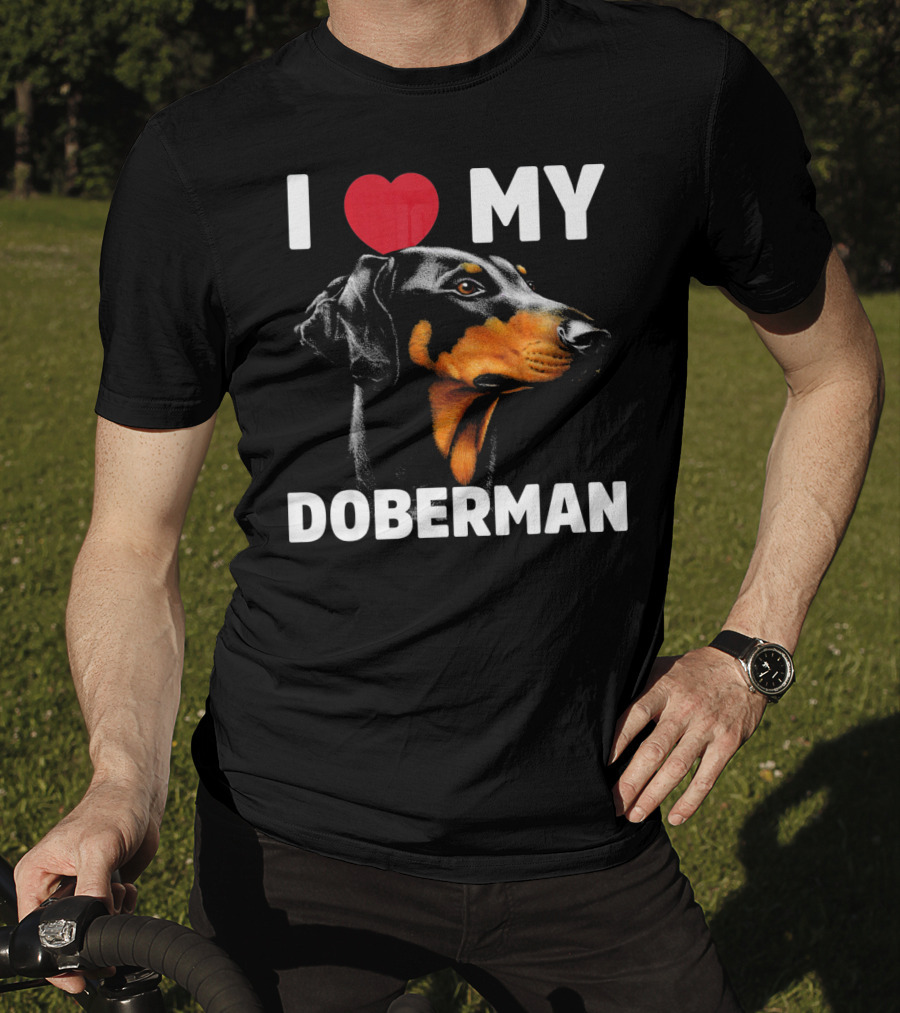 I Love My Doberman Heart Black Background Realistic T-Shirt