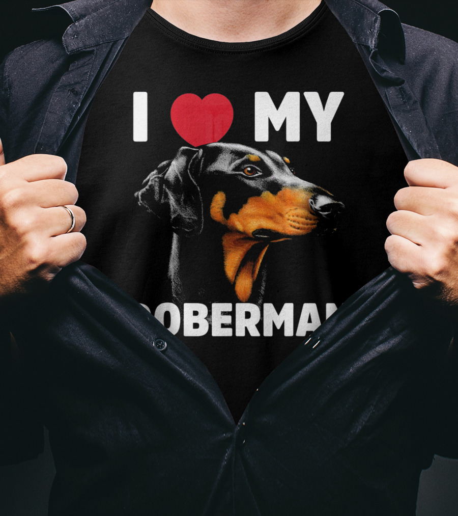 I Love My Doberman Heart Black Background Realistic T-Shirt