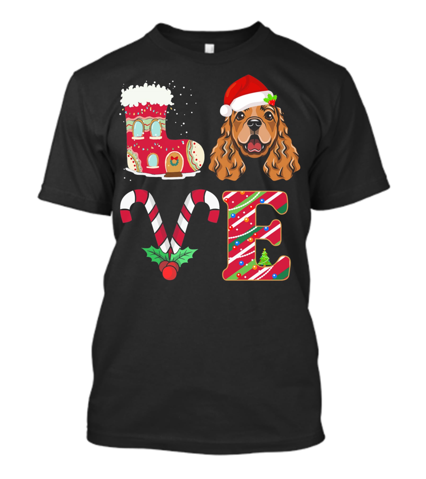 I Love My English Cocker Spaniel Christmas Candy Cane Santa Hat T-Shirt